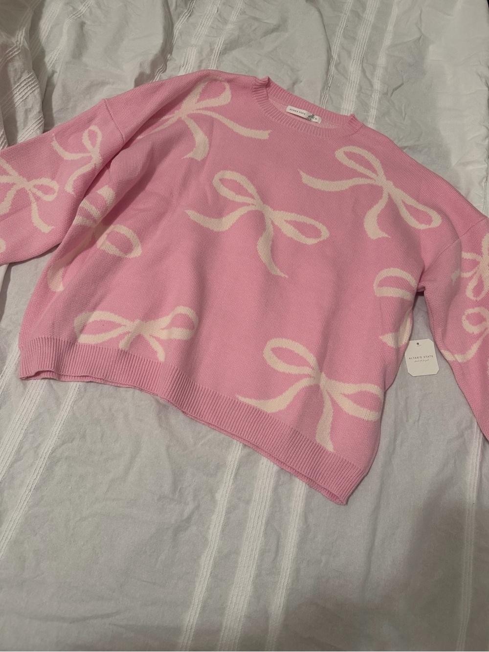 Altar'd State Pink Crewneck Sweater with Cream Bow Intarsia - Picture 5 of 5